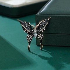 Vintage Black Enamel Butterfly Brooch Gold Tone Crystal Rhinestone Pin