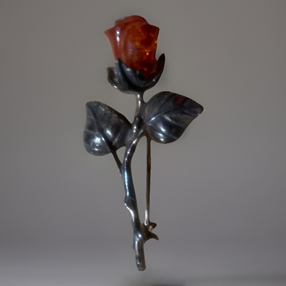 Vintage Hand Carved Golden Baltic Resin Rose Brooch Pin