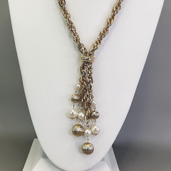Vintage Slider Rope Necklace Tassel Faux Pearls Ribbed Ball Beads Chunky 28″