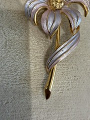 Vintage Lavender Enamel Flower Floral Brooch Pin Gold Tone 3.25”