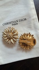 Vintage Christian Dior Enamel Daisy Clip Earrings Gold Tone