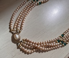 Vintage 4 Layered Ivory Pearl Green Glass Crystal Pave Clasp Beaded 24” Necklace