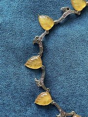 Vintage Opalescent Leaf Necklace Rhinestone Art Nouveau Style Amber Glass Dangle