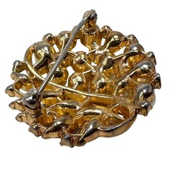 Vtg Gold Tone Clear Rhinestone Faux Pearl Circle Brooch Pin