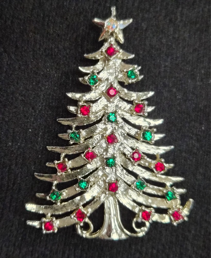 Vintage Signed TANCER II Red & Green Rhinestone Christmas Tree Pin / Brooch