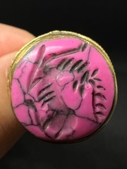 Rare Ancient Bronze Ring Carved Pink Howlite Eastern King Antique Size 7.5 US