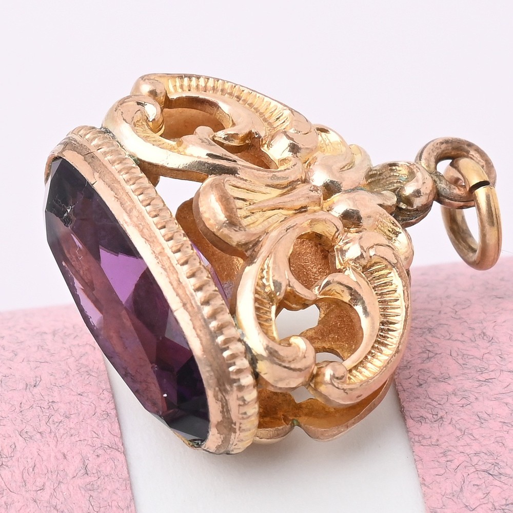Antique Victorian Yellow Gold Filled Amethyst Paste Watch Fob Charm Pendant