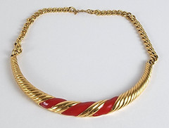Vintage Monet Red Enamel Rope Twist Collar Necklace Gold Tone Runway 15 In