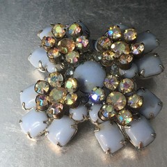 Vtg Maltese Cross Blue Milk Glass Brooch Pin AB Crystal Floral Accents 2.4″