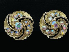Round Gold Tone Swirl Clear Rhinestone Aurora Borealis AB Clip on Earrings VTG