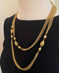 Vintage Long Gold Tone Multi Strand Chain Necklace Filigree Textured Balls 51″