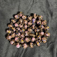Vintage Knotted Wedding Cake Glass Bead Necklace Pink Black Gold Sparkle 23 Inch