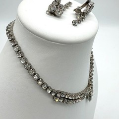 Vintage 1940s 1950s Rhinestone Necklace Earrings Set Smoky Gray Dangle