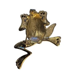 Vtg Lauren Conrad Enamel Leaping Frog Brooch Gold Tone Rhinestone Pin Signed LC