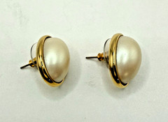 Vintage Givenchy Faux Pearl Gold Tone Oval Button Stud Earrings Signed .75 in