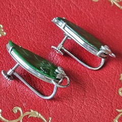 RARE Solid 14k White Gold Carved Spinach Green Jade Large Vintage Earrings