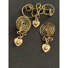 Vintage Gold Swirl Earrings & Brooch with Heart Pendants 3 piece Set 3.1g