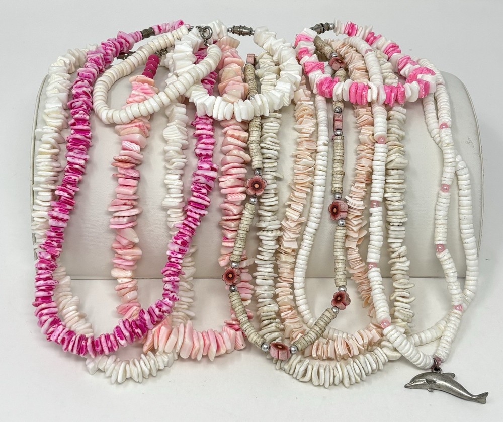 Vintage Y2K 90s Puka Shell Heishi Necklace Lot Pink Surfer Girl Hawaiian Beach
