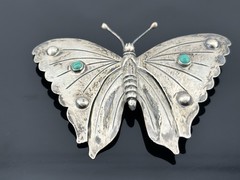 BIG Vtg Sterling Silver Butterfly Brooch Mexico Turquoise Stones 3.25″ Insect