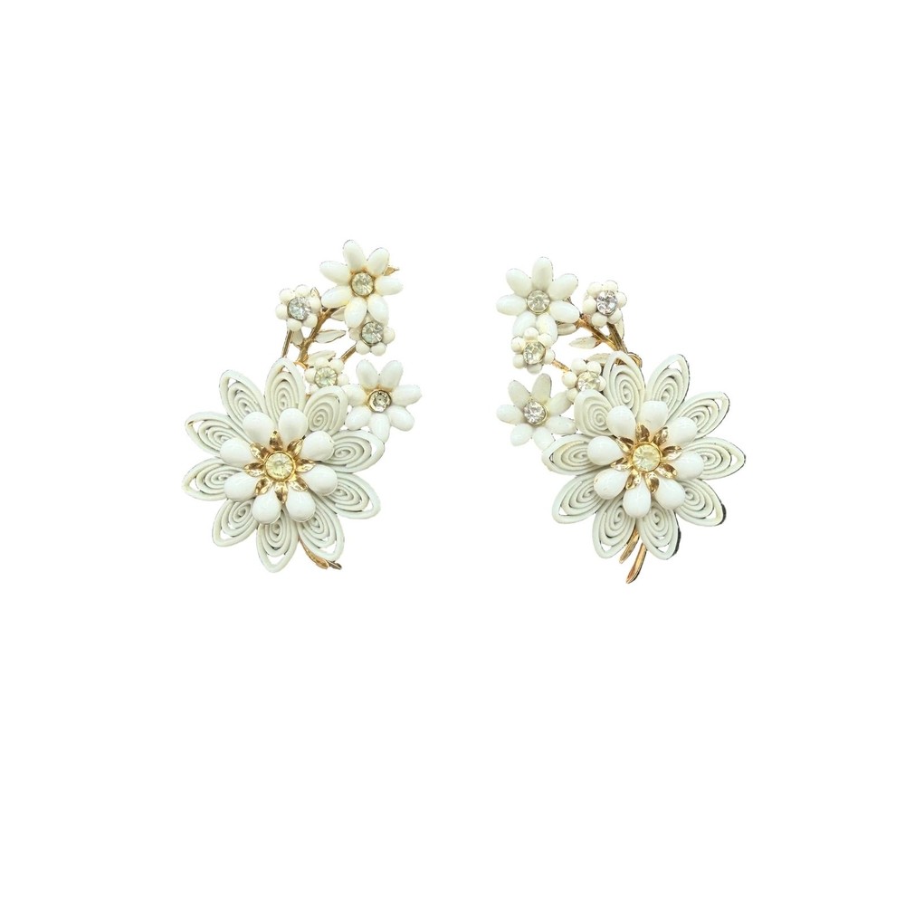 1950s Coro White Plastic Floral Bouquet Ear Climber Clip Earrings