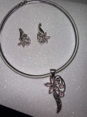 Vintage Silver Tone Choker And Earrings With Pink Rhinestones