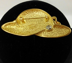 Vintage Tona Hat Brooch Satin Gold Tone Bow Clear Rhinestone Signed Pin 2.5 Inch