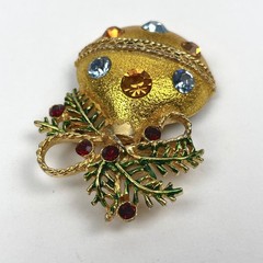 VTG Christmas Ornament Bulb Brooch Gold Tone Rhinestone Holly Holiday Pin