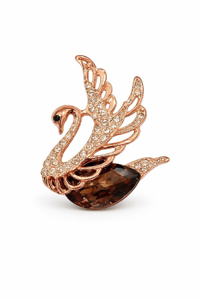 Elegant Crystal Swan Brooch Rose Gold Plated With Sparkling Rhinestones