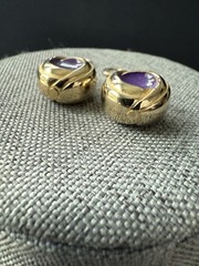 Vintage Enamel Round Hook Earrings Gold Tone Purple Pierced Career Workwear