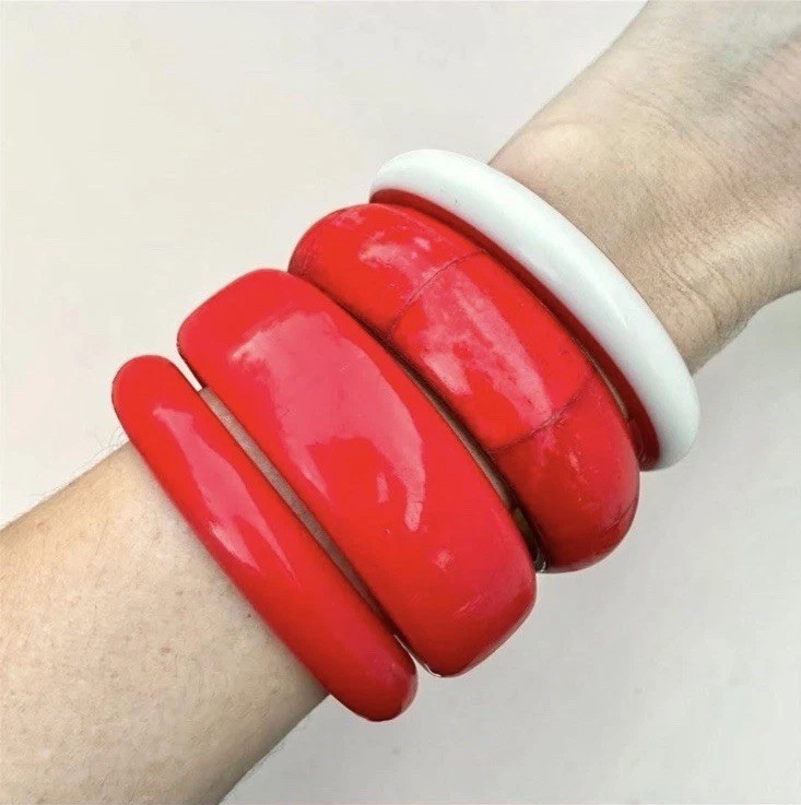 Vintage Red Bangle Stack Bracelet Lot Chunky Cherry Resin Lucite Bakelite Style