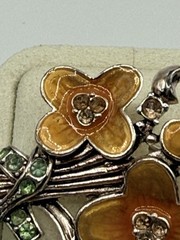 Vintage Pot Metal Brooch Flowers Orange Enamel Rhinestone