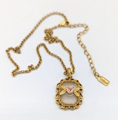 Vintage 1928 Porcelain Rose Frosted Glass Pendant Necklace Gold Tone Pink Flower