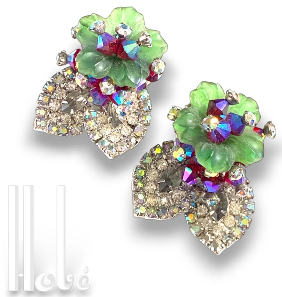 Hobe Molded Glass Flower Earrings Vintage AB Rhinestone Signed Clip-Ons