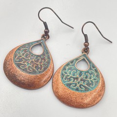 Vintage Copper & Bronze Tone Teardrop Earring Lot 3 Pair Filigree Patina Set