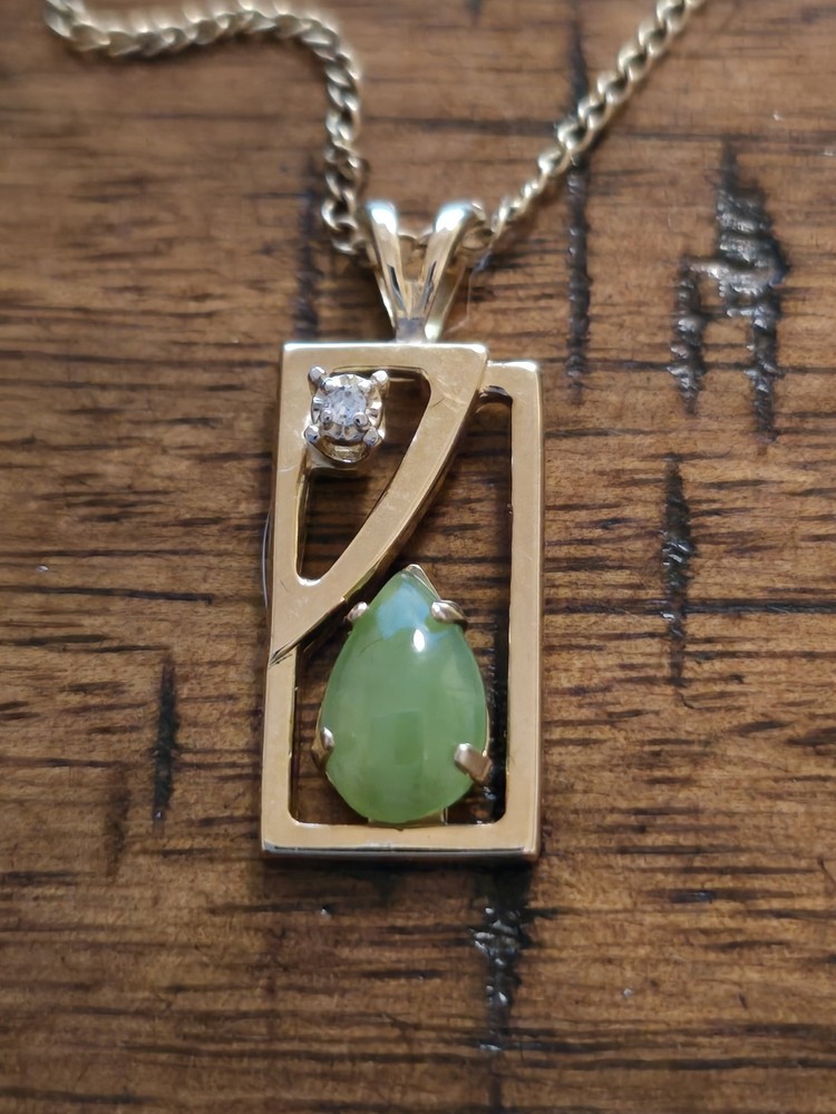 Vintage Mid Century Gold Filled Jade Pendant Necklace Geometric Diamond Accent