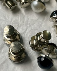Button Earings Lot Onyx Pearl Tones & Daisies Silvertone Metal Push Backings