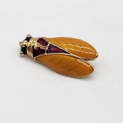 Vintage Signed Enamel Cicada Brooch Gold Tone Amber Burgundy Figural Insect Pin