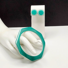 Green w White Stripe Octagon Shape Vintage Pierced Earrings Bangle Bracelet Set