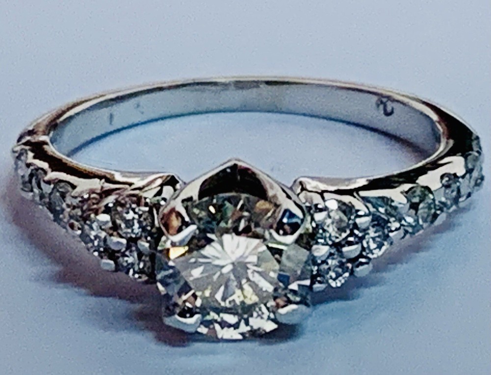 14k White Gold Diamond Engagement Ring Side Diamonds Natural Vintage Estate 1.03