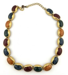 Vintage Gold Tone Multicolor Enamel Cabochon Link Necklace Adjustable 16-19″