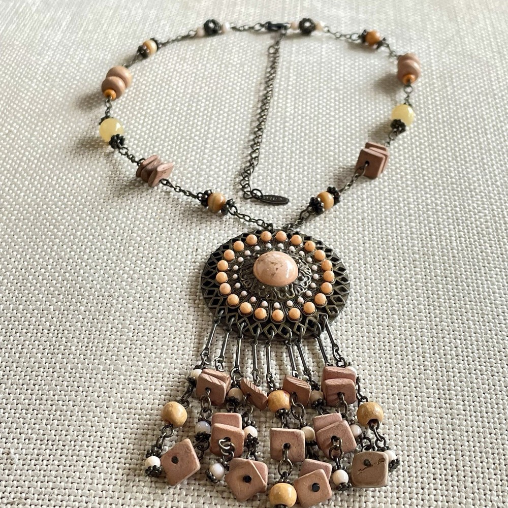 VTG VCLM Signed Boho Statement Medallion Necklace Peach Wood Bead Fringe Fringe