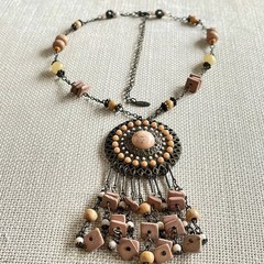 VTG VCLM Signed Boho Statement Medallion Necklace Peach Wood Bead Fringe Fringe