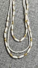 VTG ITALIAN WHITE MILK GLASS SEED BEAD MULTI-STRAND NECKLACE BRASS NUGGETS 26in