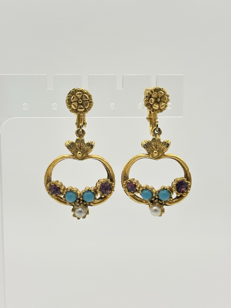 Victorian Revival Gold Tone Dangle Earrings with faux Pearl/Turquoise/Amethyst