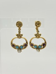 Victorian Revival Gold Tone Dangle Earrings with faux Pearl/Turquoise/Amethyst