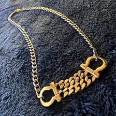 Vintage Ferragamo Hardware Necklace | Two-tone Gold Silver Curb Chain Choker 15”