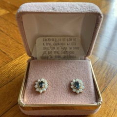 10k Gold London Blue Topaz Earrings with Opal Surround Vintage with Box & Paper