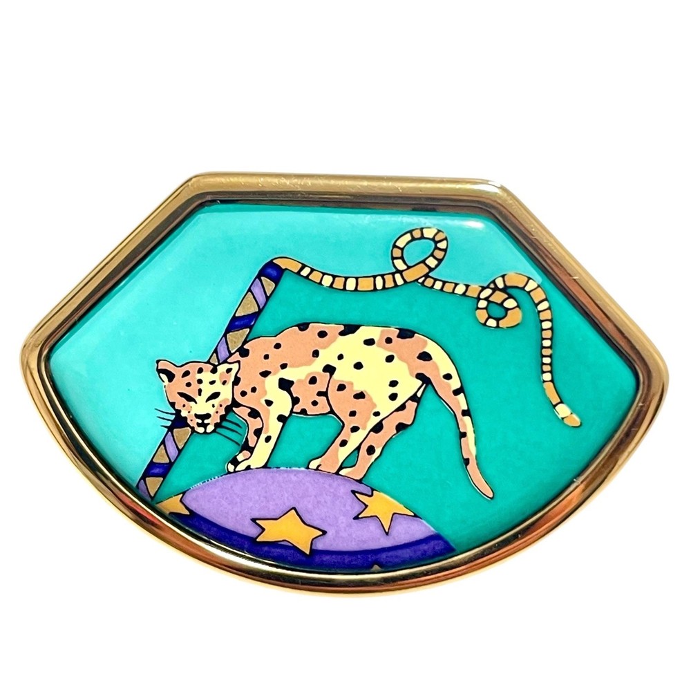 Vintage HERMÈS Cloisonné Enamel Fan-Shaped Brooch with Spotted Panther/Cheetah