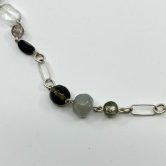 Vintage Silver Tone Long Station Necklace Mixed Glass & Smoky Stone Beads