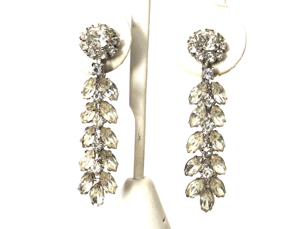 Mid Century Weiss Silver 2.25″ Dangle Drop Rhinestone Clip on Earrings
